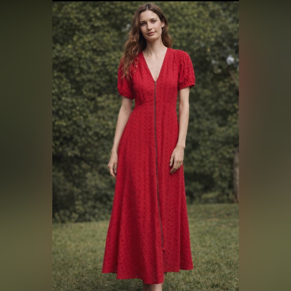 The Great Red Eyelet Zip Front Midi Dress Puff Sleeve Cotton Size 1 Small